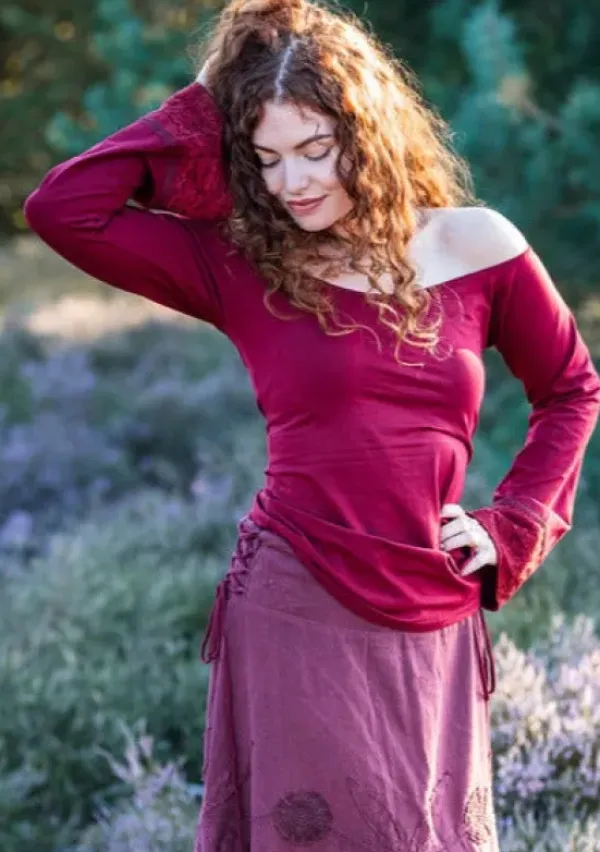 The TwoSisters Tops|Lange Mouw-Devi Boho top Marroon Rood