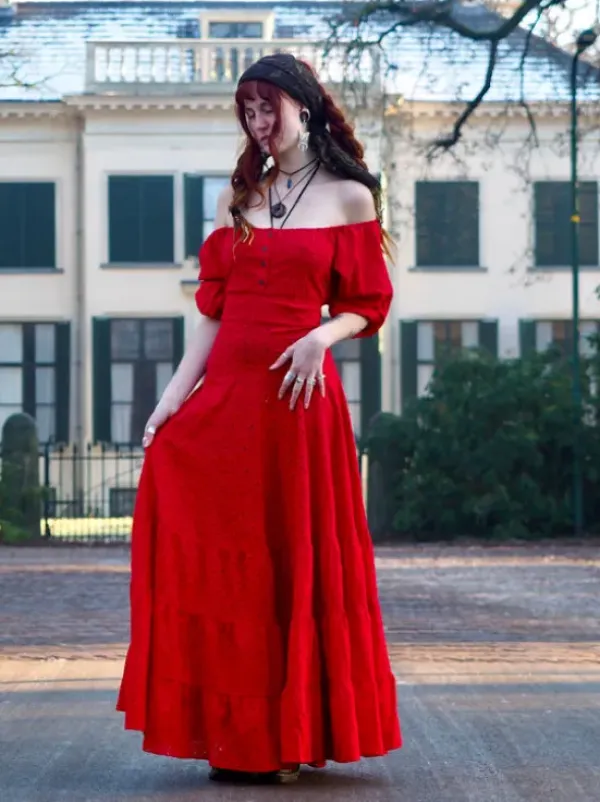 The TwoSisters Bohemian|Bohemian Jurken-Dream Dress Rood Broderie
