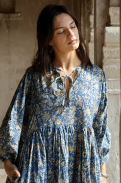 The TwoSisters Plus Size|Zwangerschapsjurk-Fay Jurk Handblock Blauw