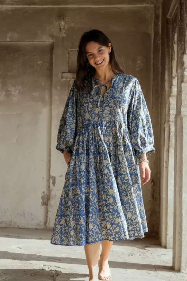 The TwoSisters Plus Size|Zwangerschapsjurk-Fay Jurk Handblock Blauw