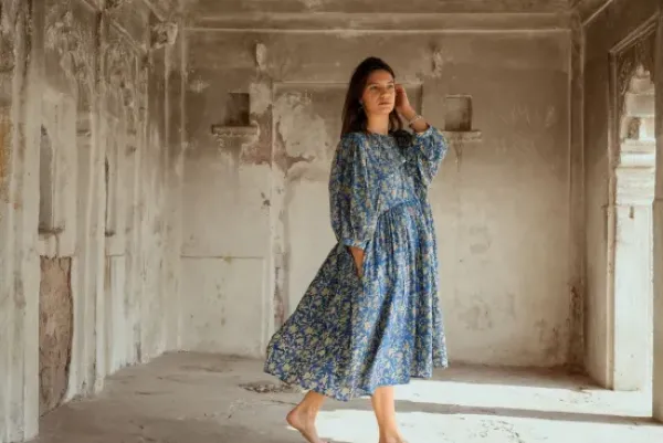 The TwoSisters Plus Size|Zwangerschapsjurk-Fay Jurk Handblock Blauw