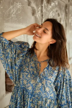 The TwoSisters Plus Size|Zwangerschapsjurk-Fay Jurk Handblock Blauw