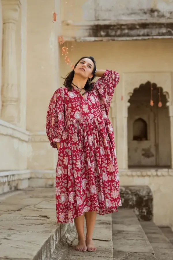 The TwoSisters Plus Size|Zwangerschapsjurk-Fay Jurk Handblock Rood