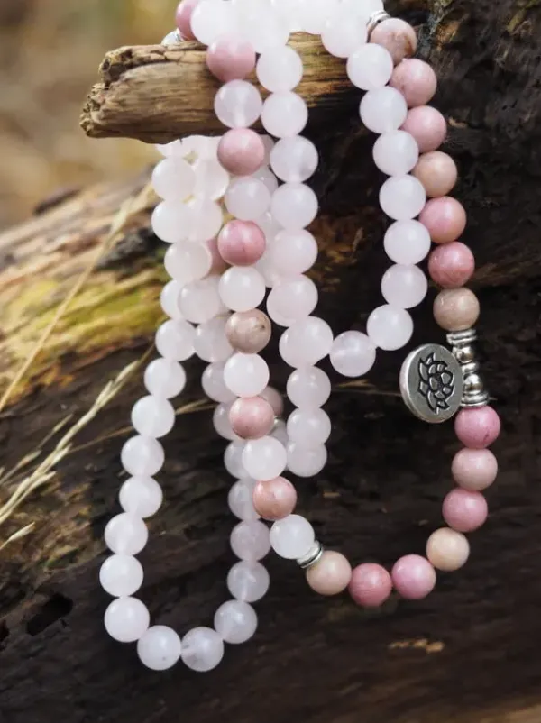 The TwoSisters Kettingen|Buddhist Malas-RozenQuartz, Rhodoniet Mala