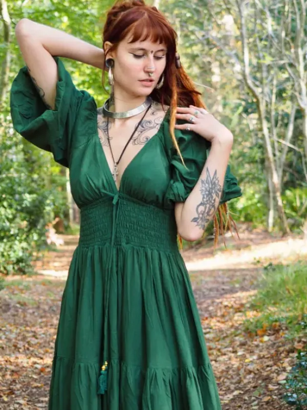 The TwoSisters Gypsy|Zomer-Tara Jurk Lang Groen